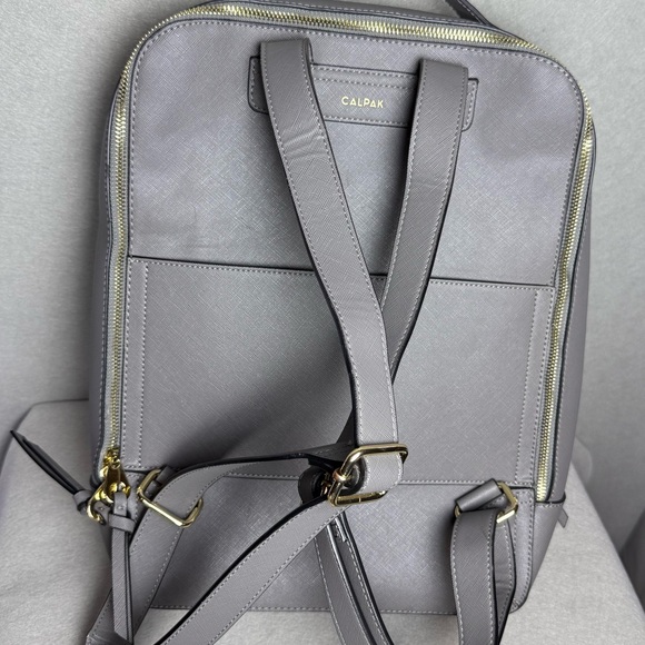 Calpak Womens Kaya Dark Gray Taupe Faux Leather Adjustable Strap Laptop Backpack - Picture 2 of 15